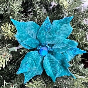 Plush Velvet Blue Green Christmas Poinsettia Flowers with clip